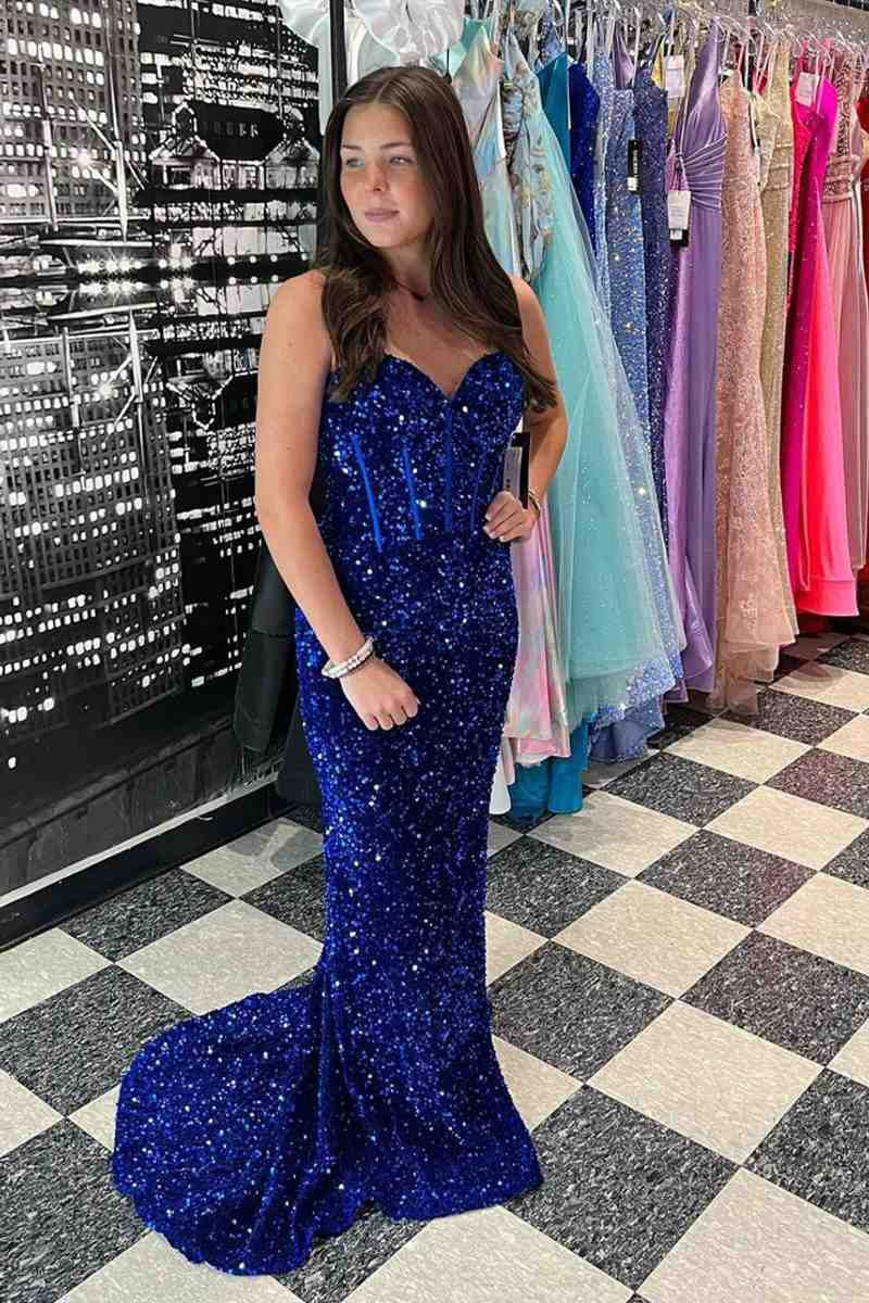 Sweetheart Mermaid Sequin Long Prom Dresses