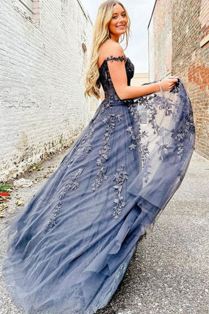 A-line Sweetheart Lace Tulle Prom Dresses with Slit
