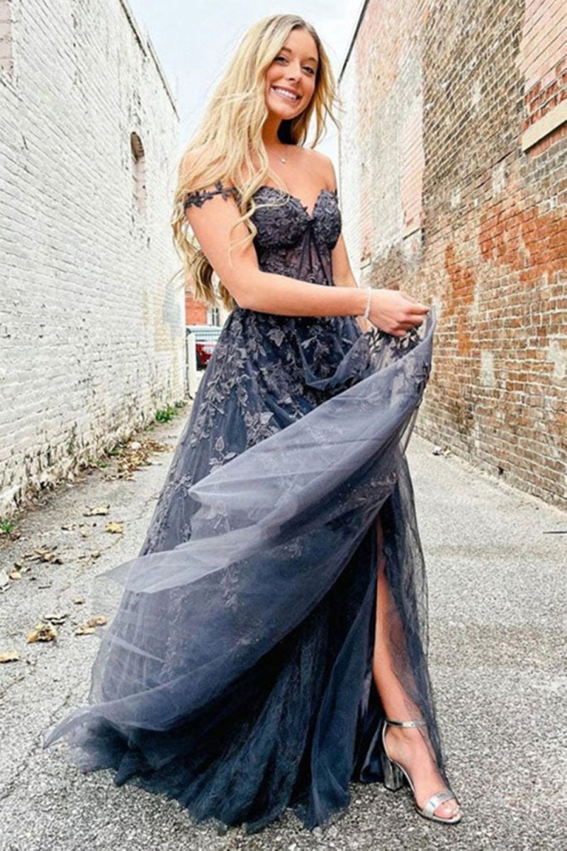 A-line Sweetheart Lace Tulle Prom Dresses with Slit