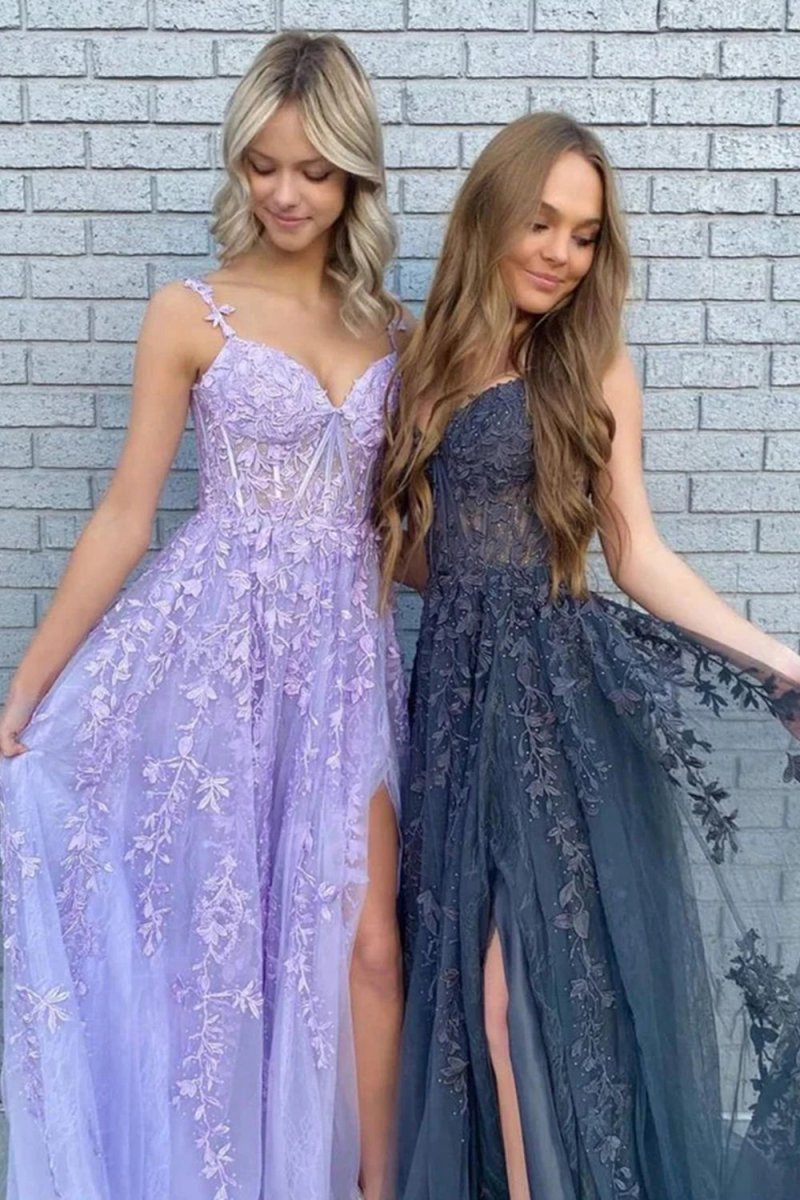 A-line Sweetheart Lace Tulle Prom Dresses with Slit