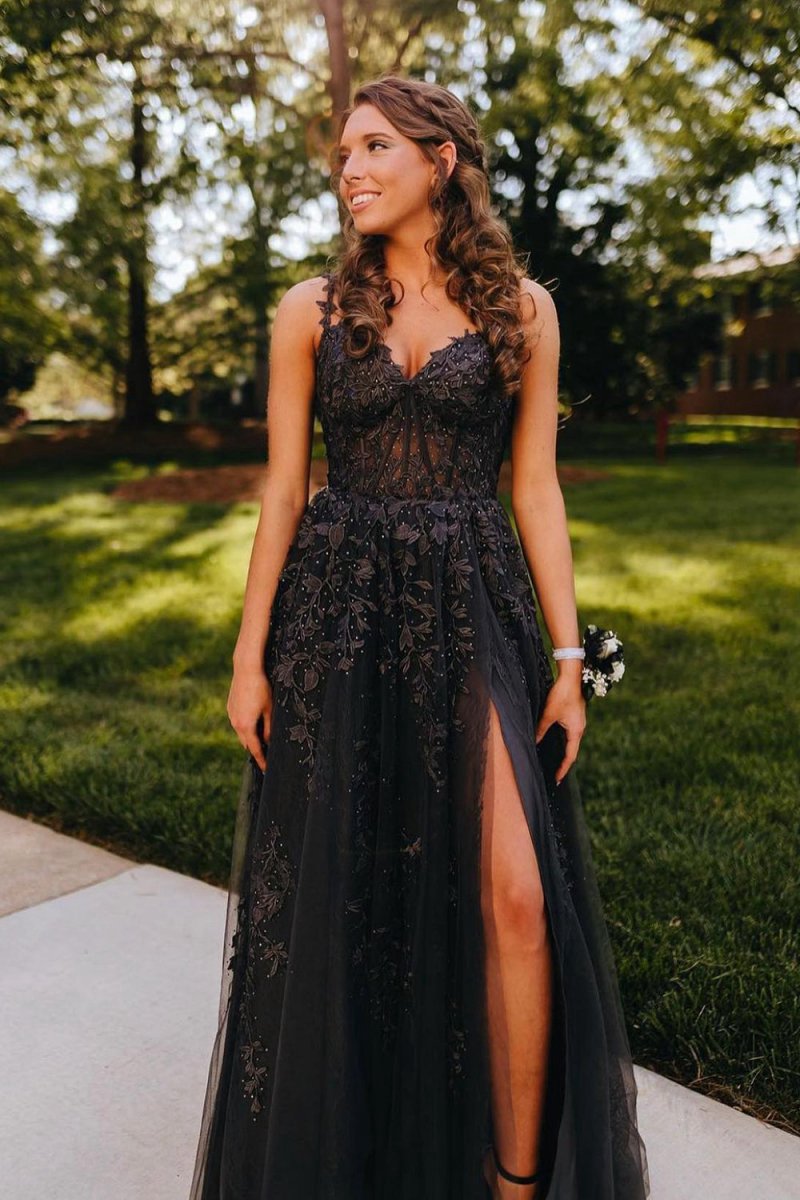 A-line Sweetheart Lace Tulle Prom Dresses with Slit