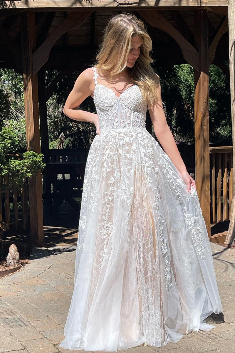 A-line Sweetheart Lace Tulle Prom Dresses with Slit