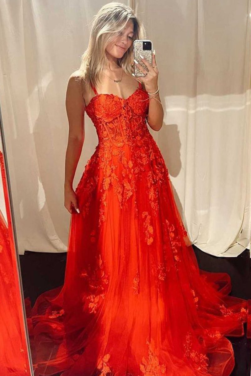 A-line Sweetheart Lace Tulle Prom Dresses with Slit