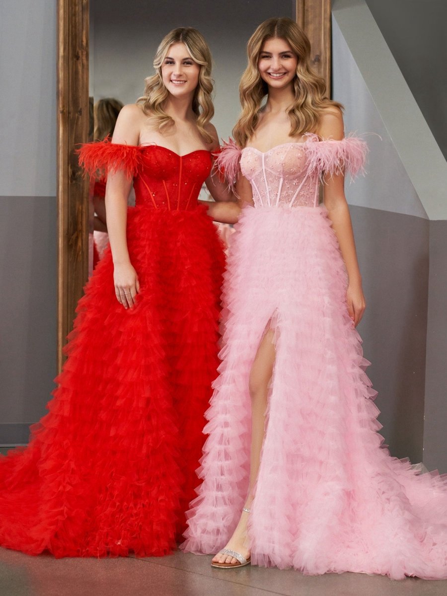 A-line Sweetheart Tie Tulle Long Prom Dresses with Slit