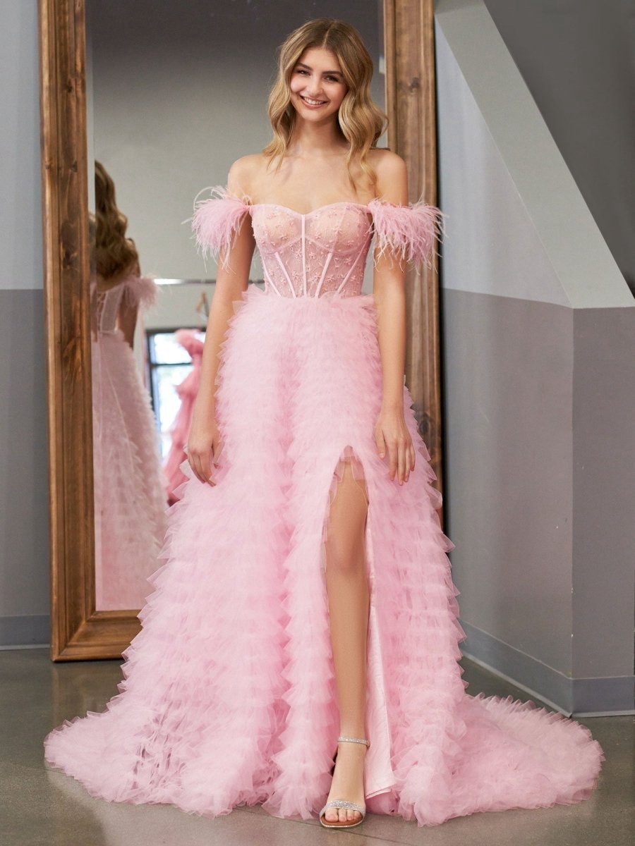 A-line Sweetheart Tie Tulle Long Prom Dresses with Slit
