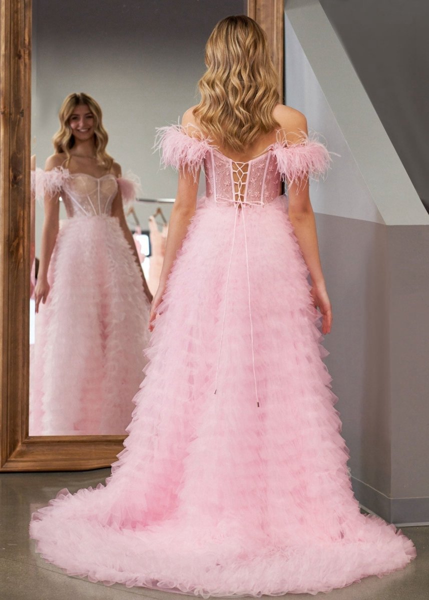 A-line Sweetheart Tie Tulle Long Prom Dresses with Slit