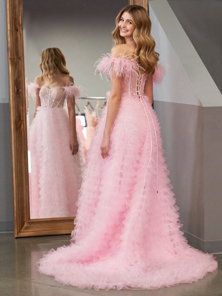 A-line Sweetheart Tie Tulle Long Prom Dresses with Slit