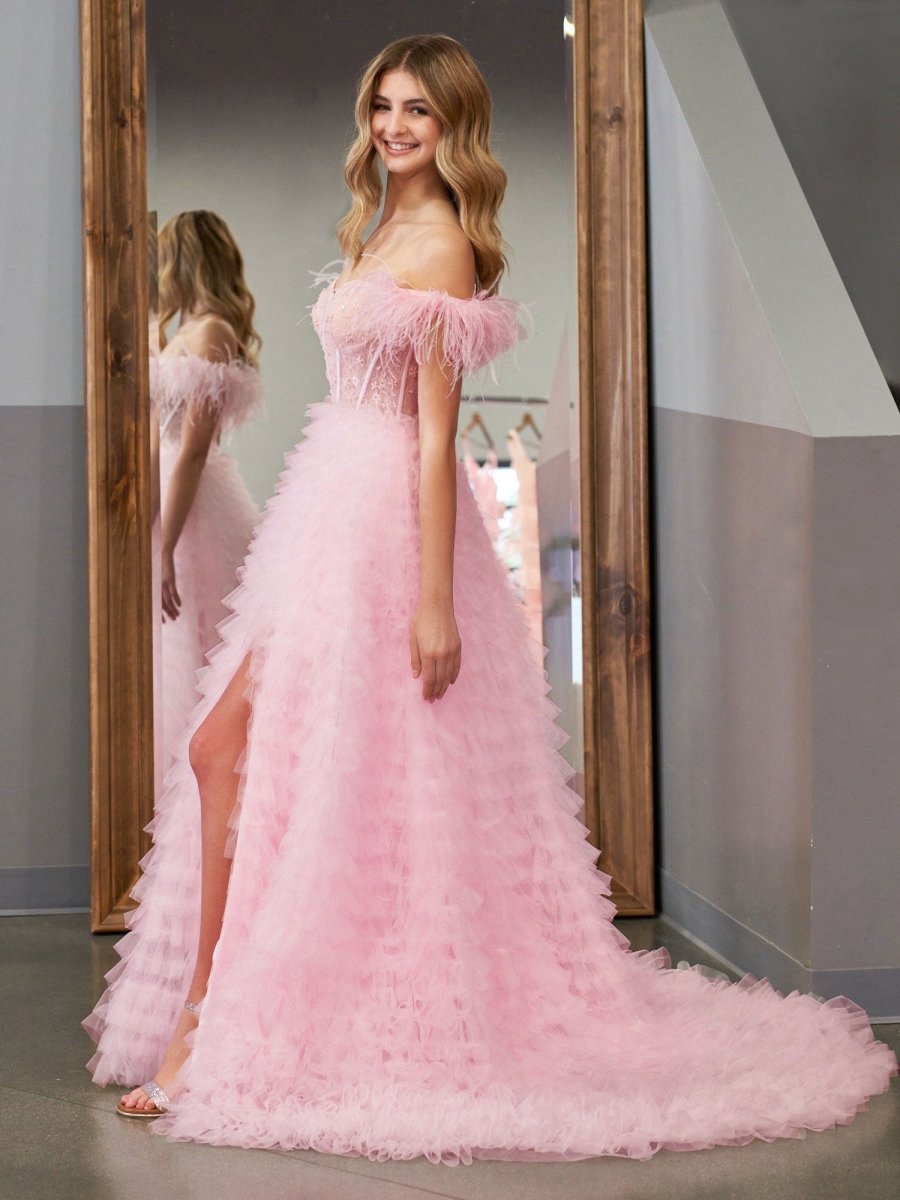 A-line Sweetheart Tie Tulle Long Prom Dresses with Slit