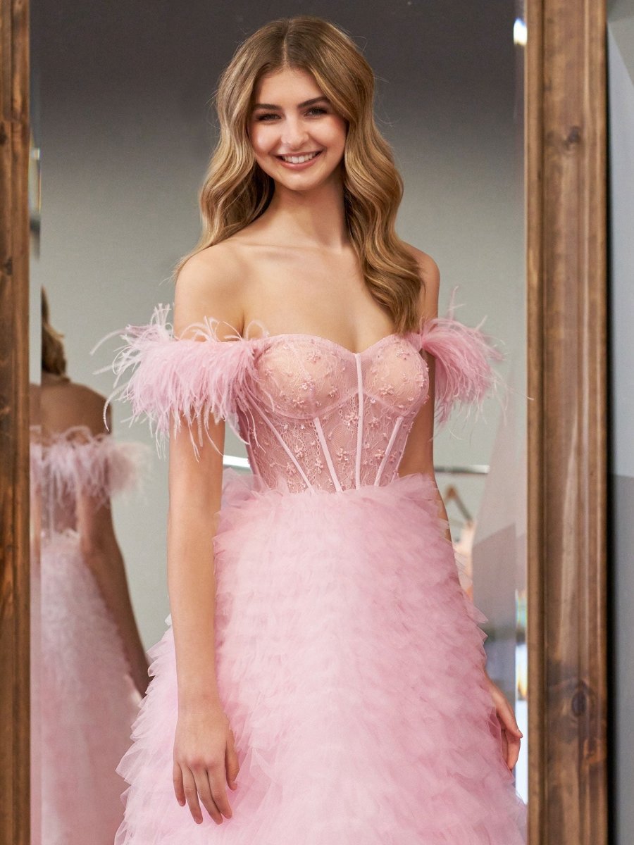 A-line Sweetheart Tie Tulle Long Prom Dresses with Slit