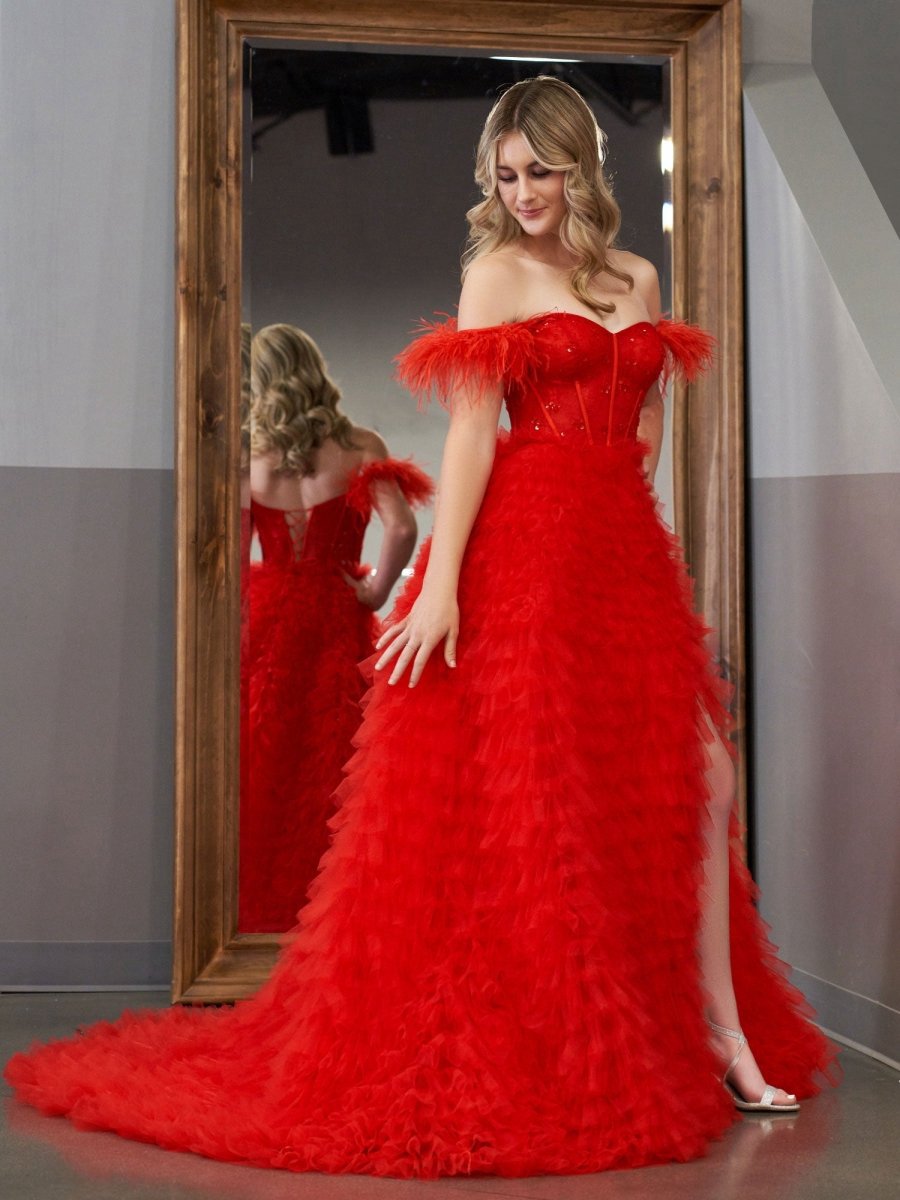 A-line Sweetheart Tie Tulle Long Prom Dresses with Slit