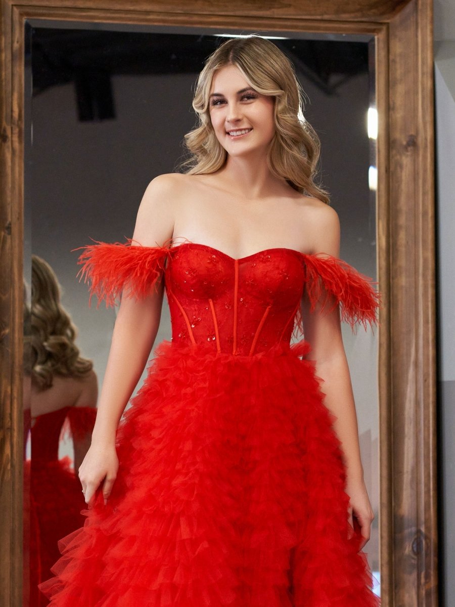 A-line Sweetheart Tie Tulle Long Prom Dresses with Slit