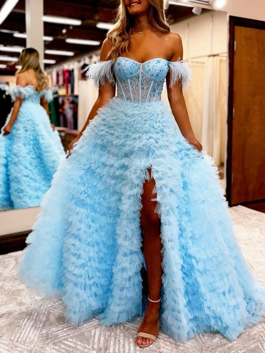 A-line Sweetheart Tie Tulle Long Prom Dresses with Slit
