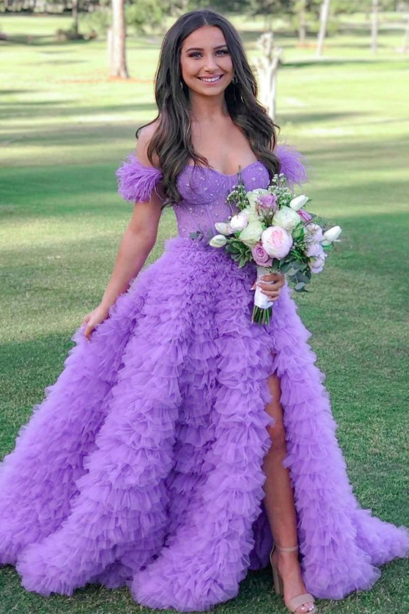 A-line Sweetheart Tie Tulle Long Prom Dresses with Slit