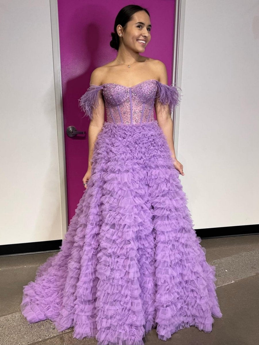 A-line Sweetheart Tie Tulle Long Prom Dresses with Slit