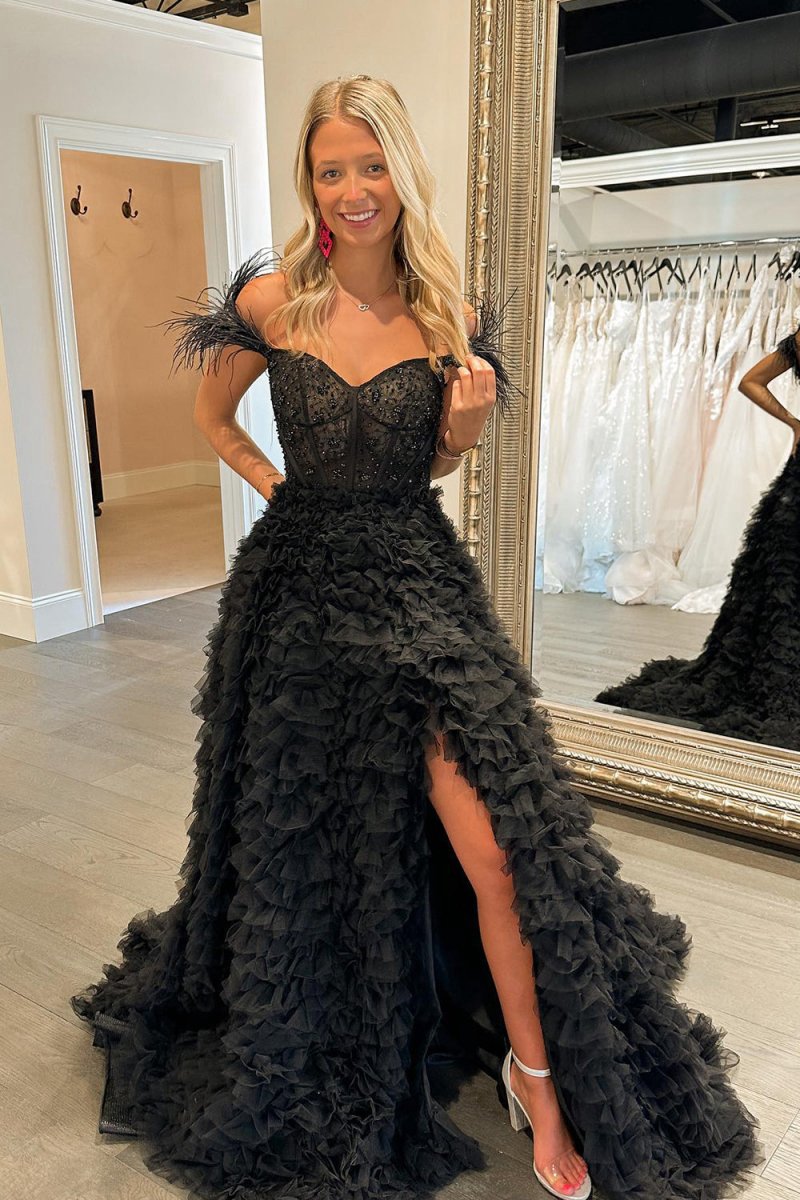 A-line Sweetheart Tie Tulle Long Prom Dresses with Slit