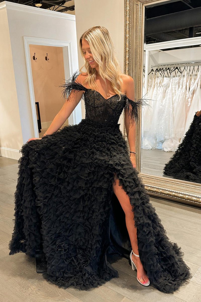 A-line Sweetheart Tie Tulle Long Prom Dresses with Slit