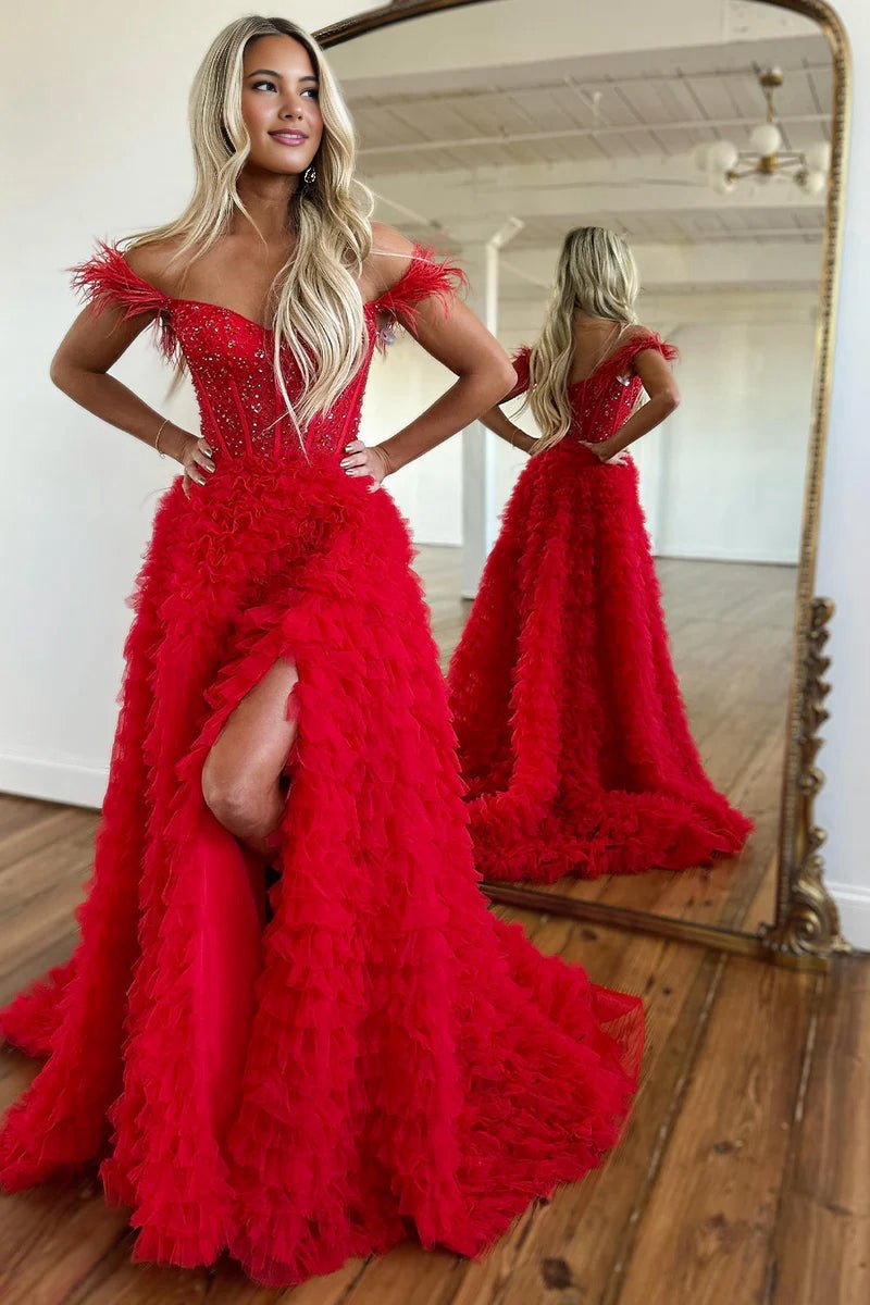A-line Sweetheart Tie Tulle Long Prom Dresses with Slit