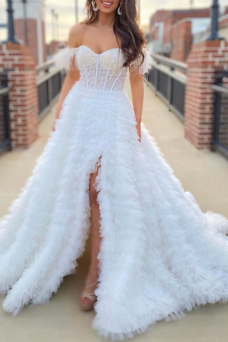 A-line Sweetheart Tie Tulle Long Prom Dresses with Slit