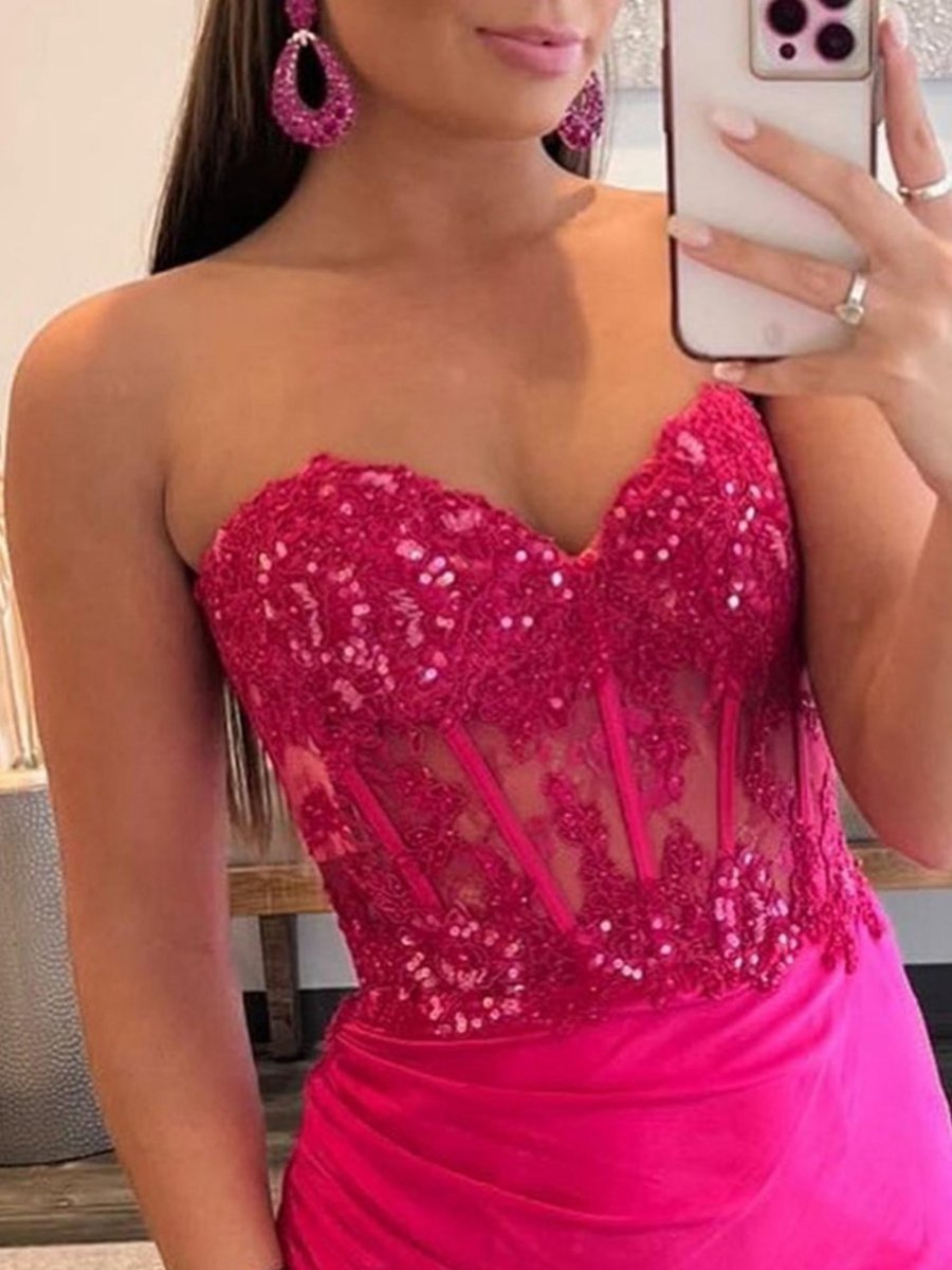 Sheath Strapless Sweetheart Long Prom Dresses with Slit