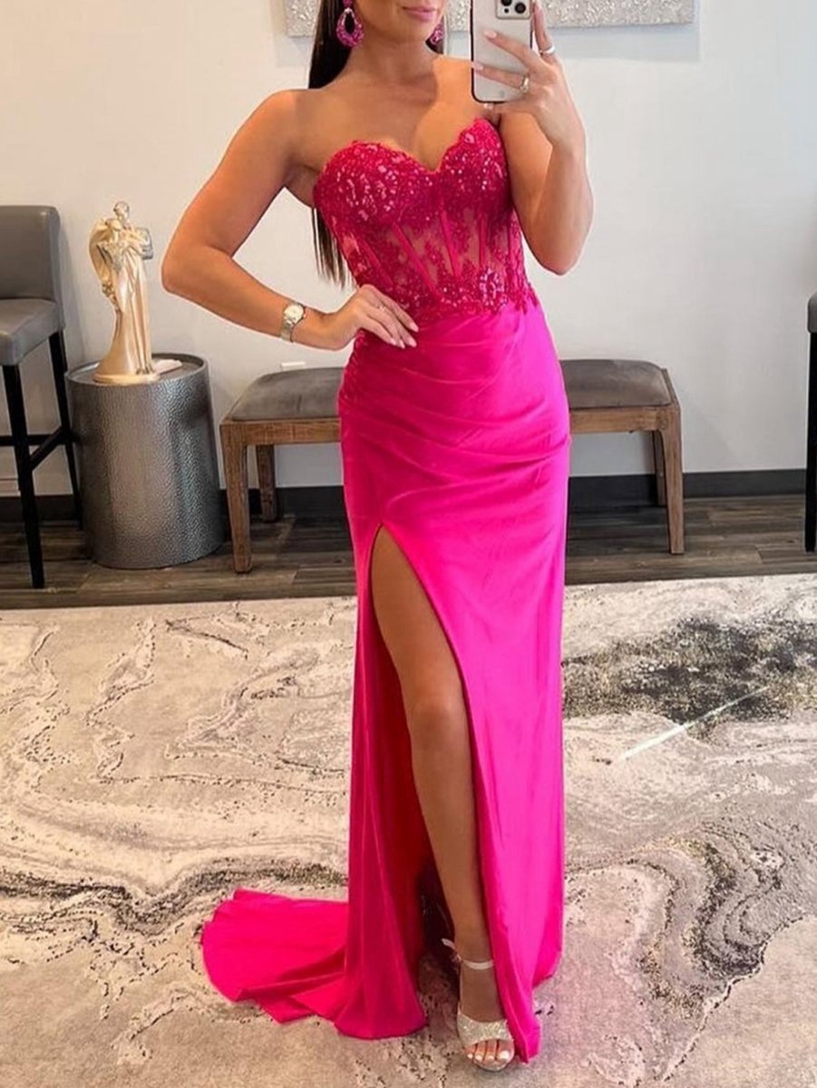 Sheath Strapless Sweetheart Long Prom Dresses with Slit