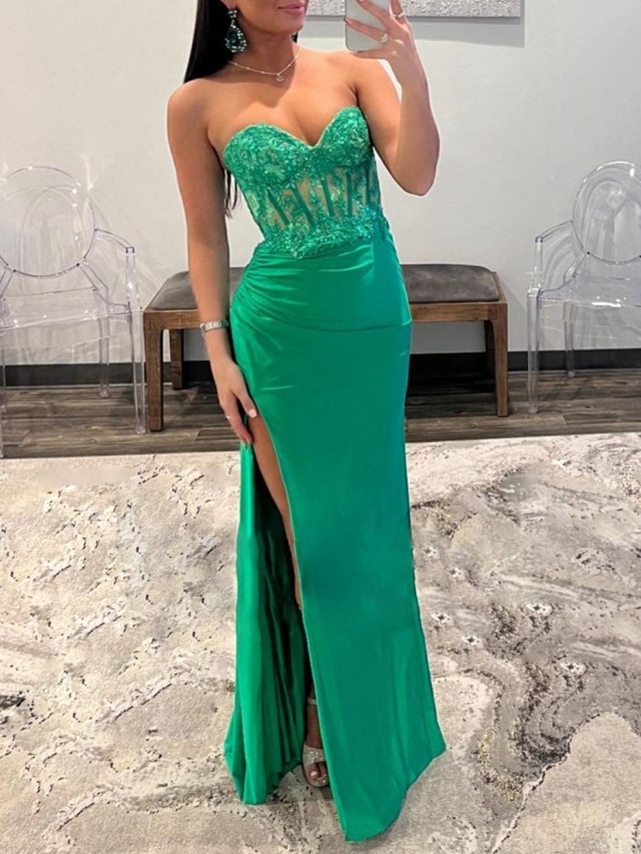 Sheath Strapless Sweetheart Long Prom Dresses with Slit