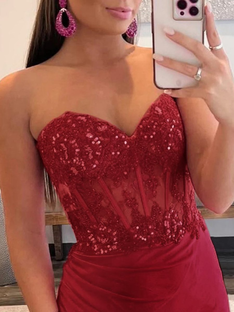 Sheath Strapless Sweetheart Long Prom Dresses with Slit
