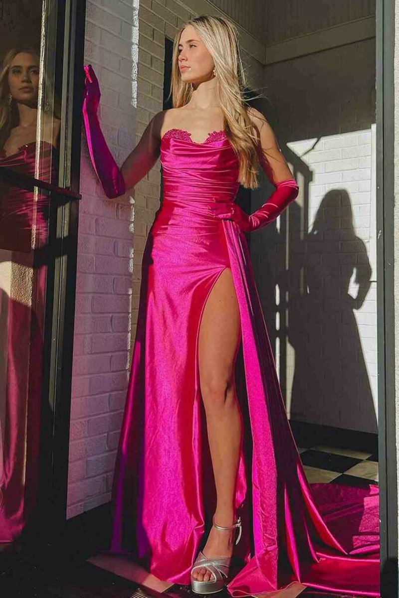 Mermaid Strapless Satin Prom Dresses with Slit