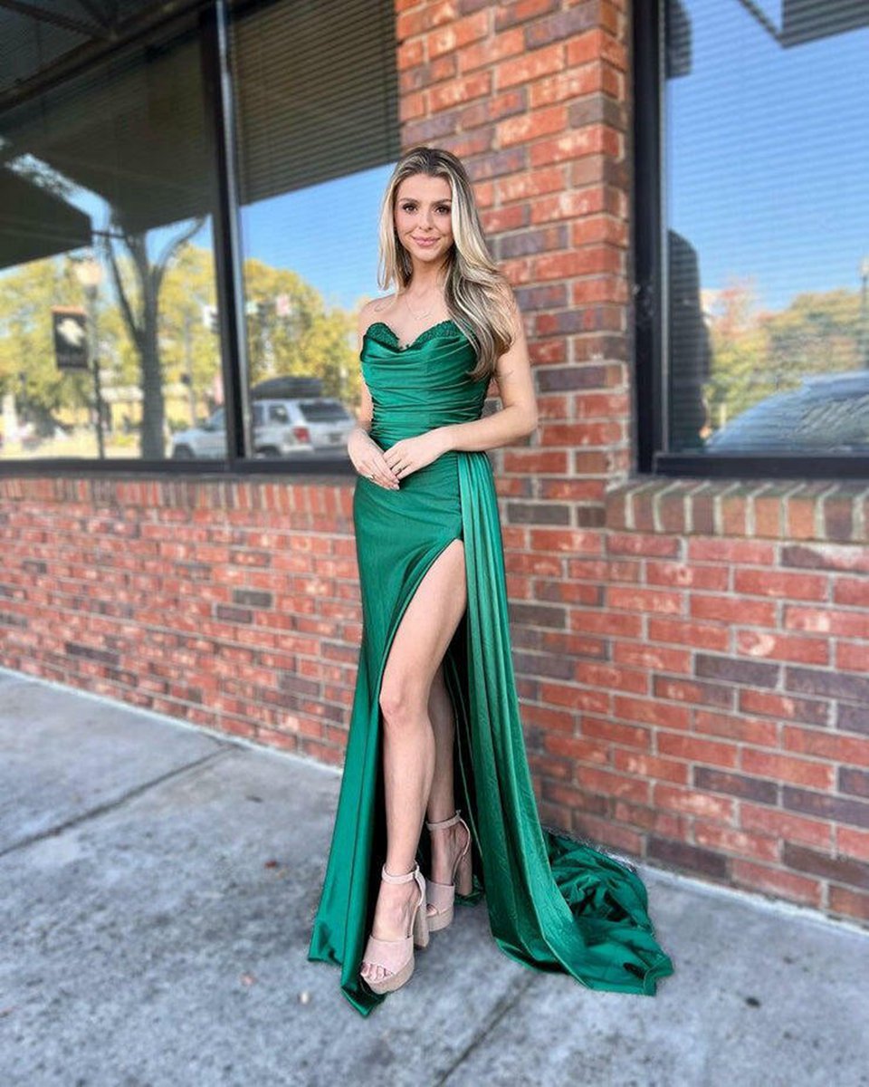 Mermaid Strapless Satin Prom Dresses with Slit