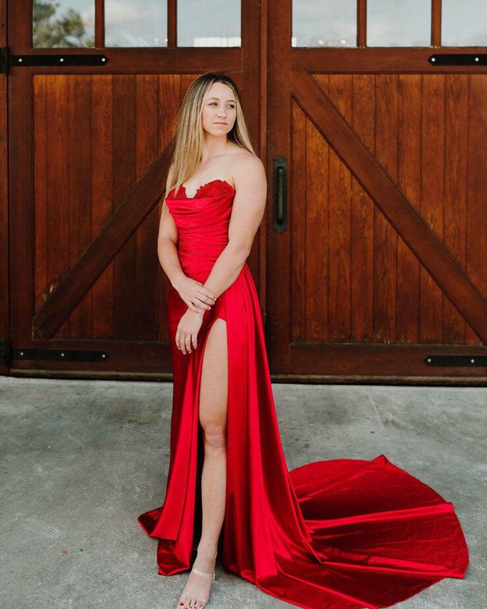 Mermaid Strapless Satin Prom Dresses with Slit