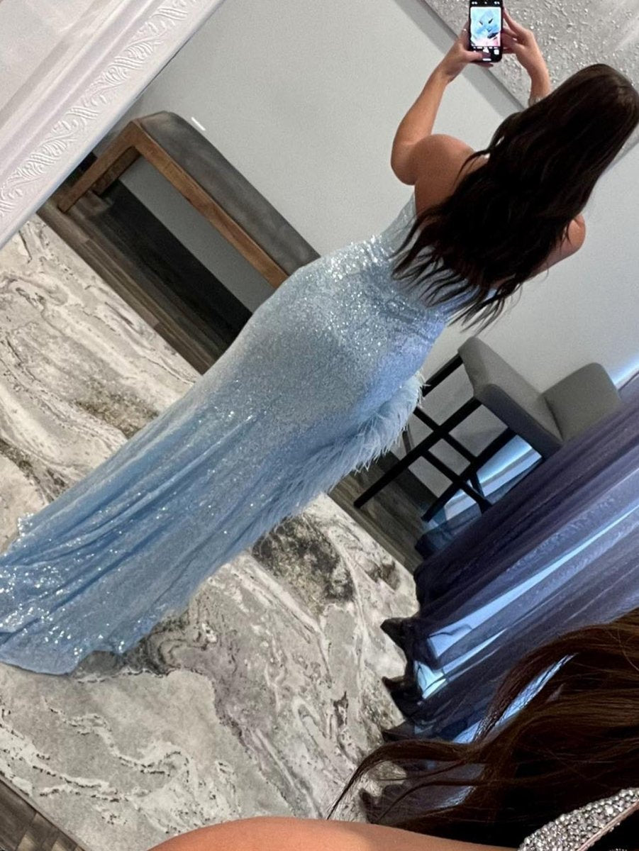 Sheath Strapless Sequin Prom Dresses with Slit