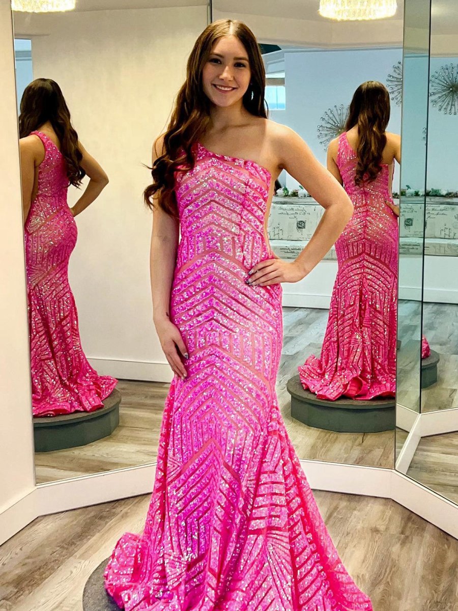 Mermaid Unique One Shoulder Sequins Prom Dresses