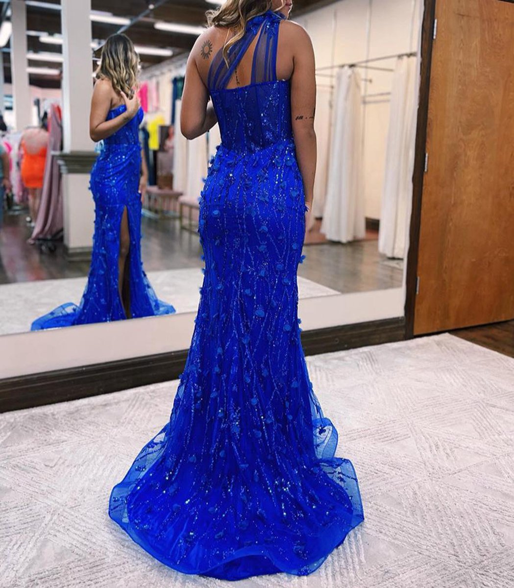 Mermaid Sequins Tulle Prom Dresses with Slit