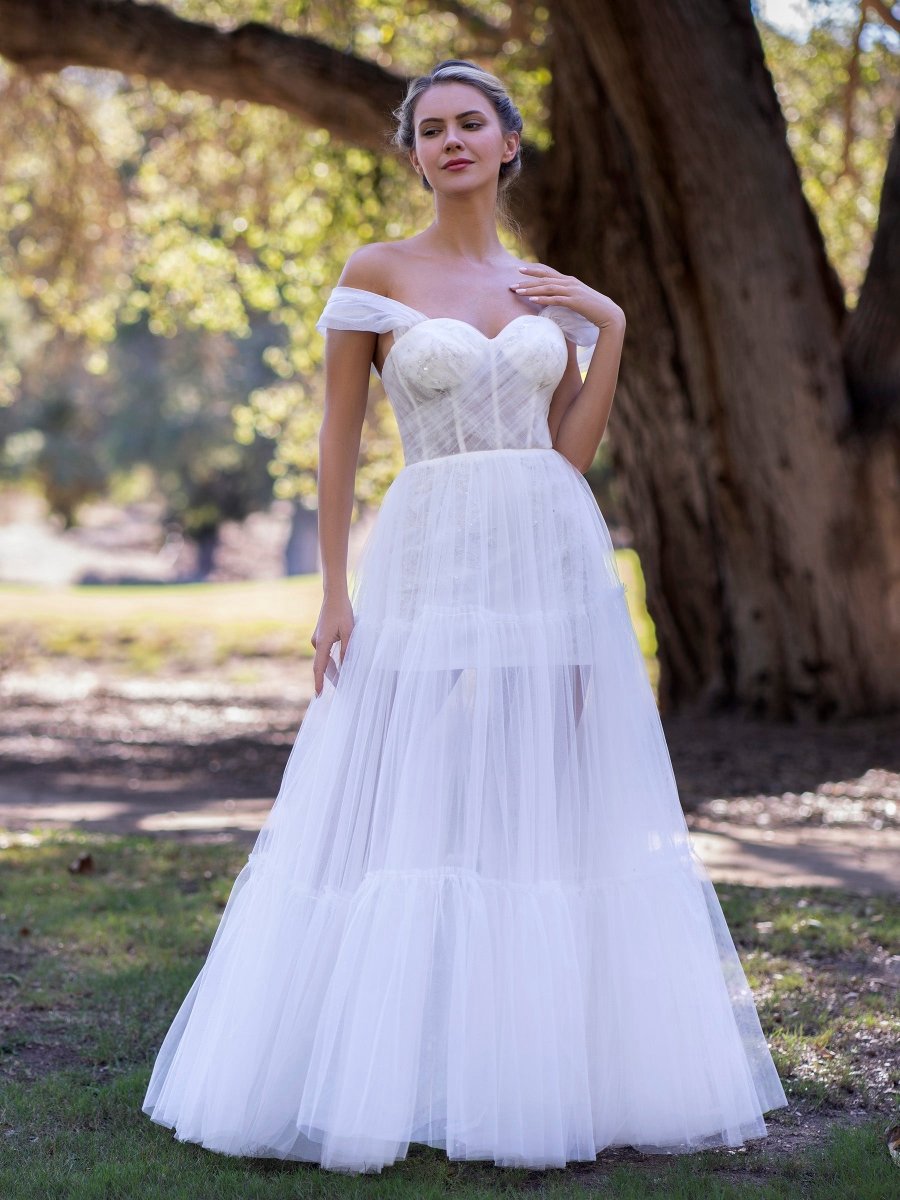 Off Shoulder A-line Tulle Prom Dresses