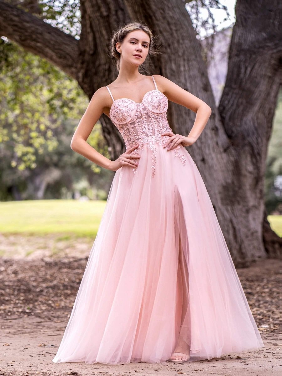 A-line Spaghetti Straps Lace Floor Length Tulle Prom Dresses with Slit