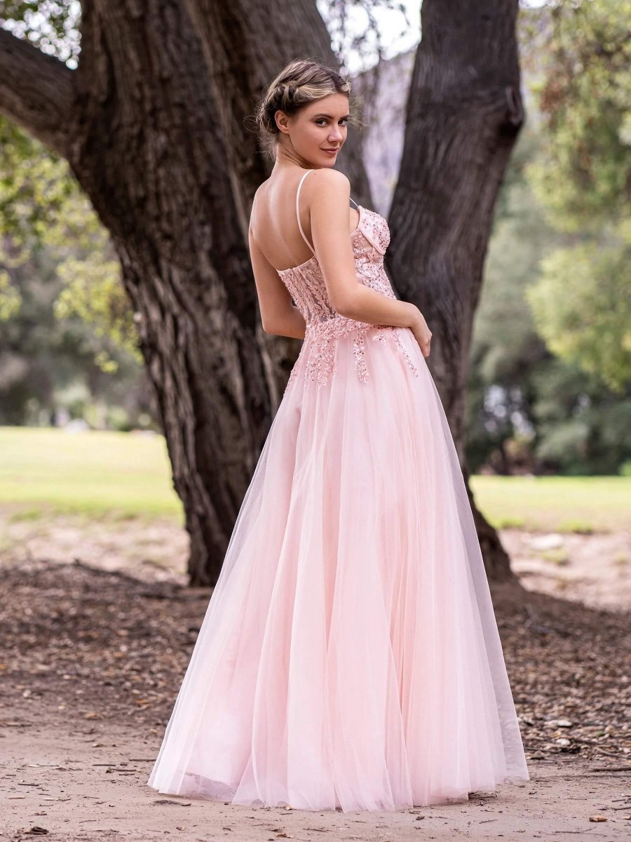 A-line Spaghetti Straps Lace Floor Length Tulle Prom Dresses with Slit