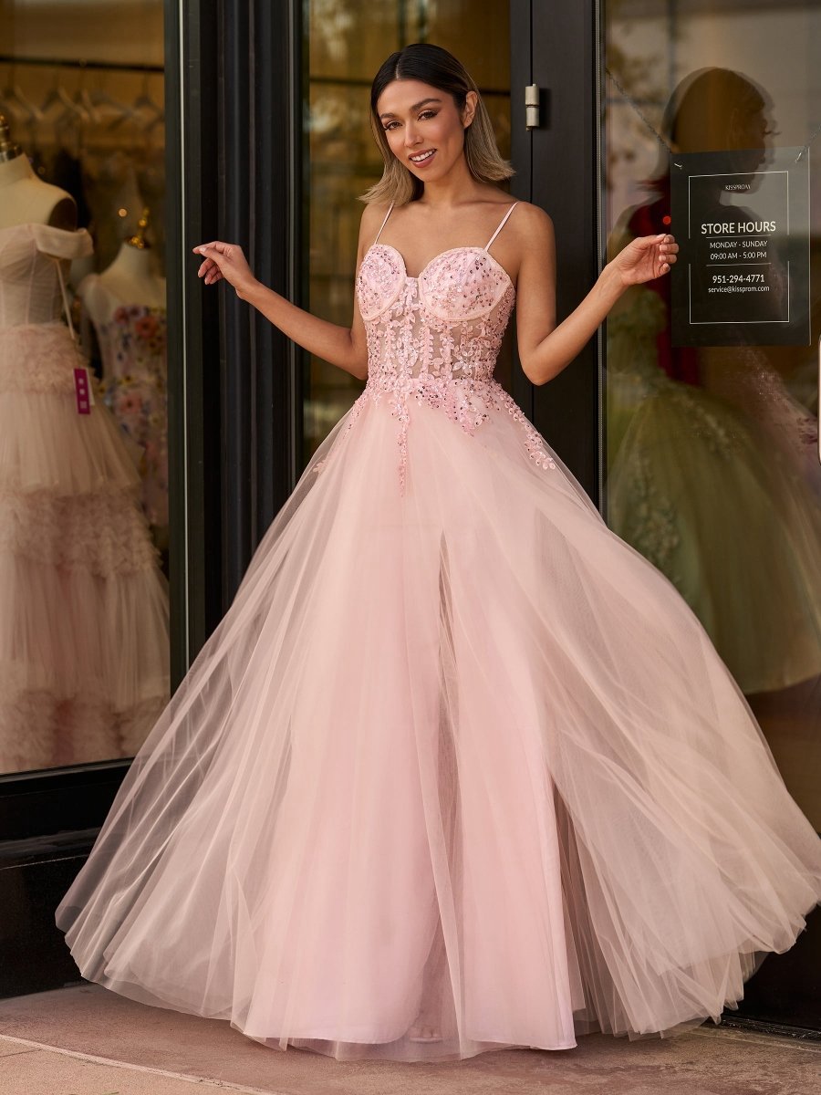 A-line Spaghetti Straps Lace Floor Length Tulle Prom Dresses with Slit