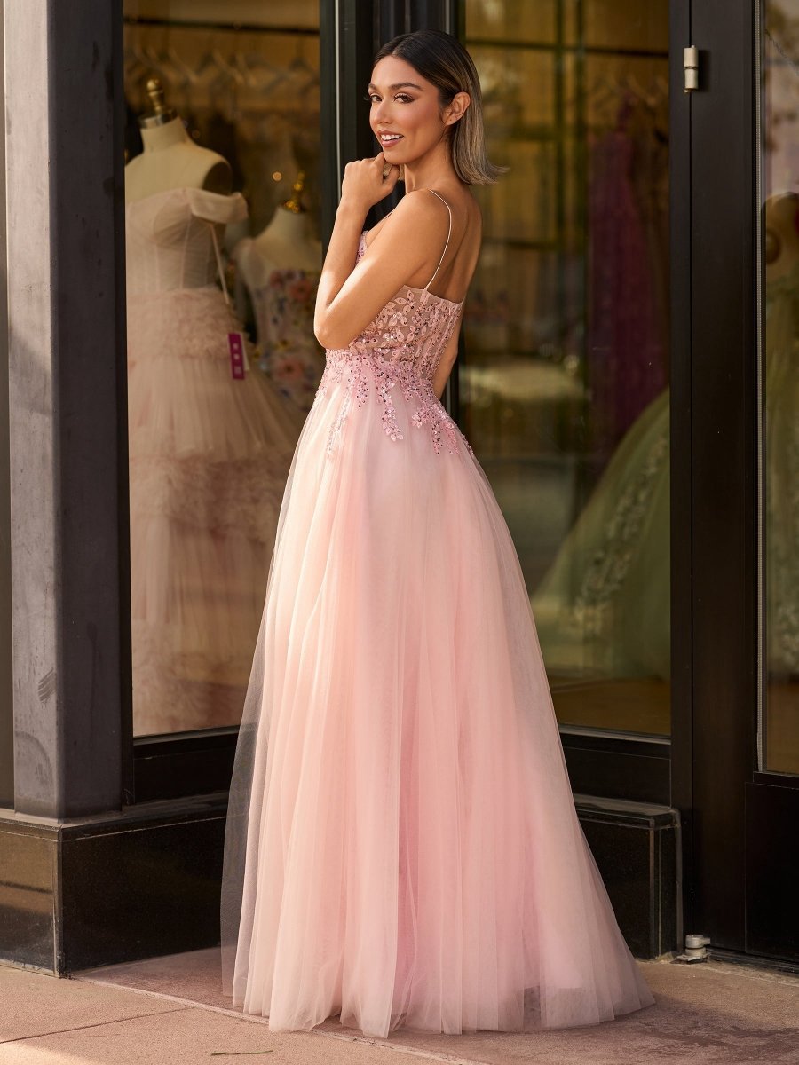 A-line Spaghetti Straps Lace Floor Length Tulle Prom Dresses with Slit