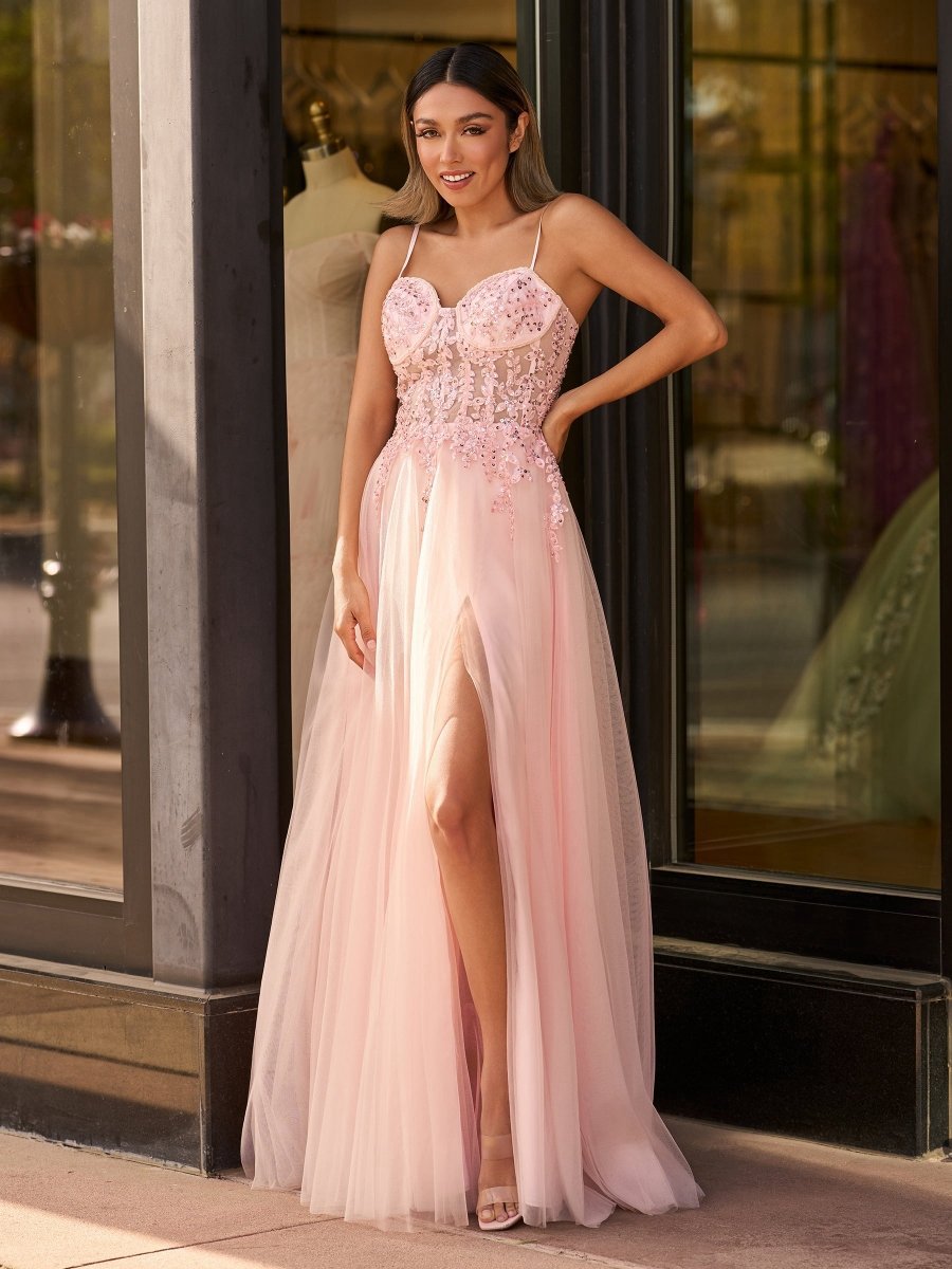 A-line Spaghetti Straps Lace Floor Length Tulle Prom Dresses with Slit