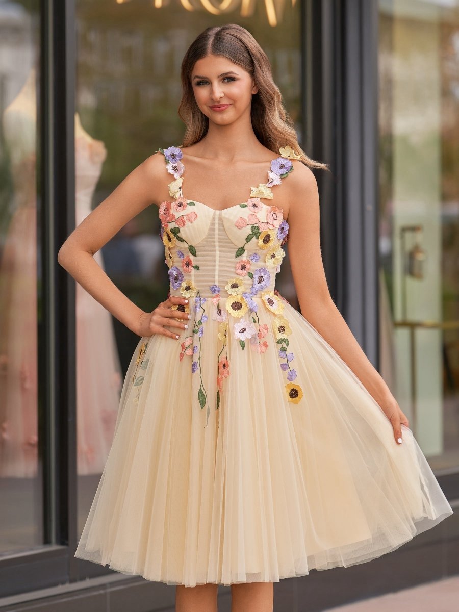 3D Flower Tulle Tea Length Prom Dresses