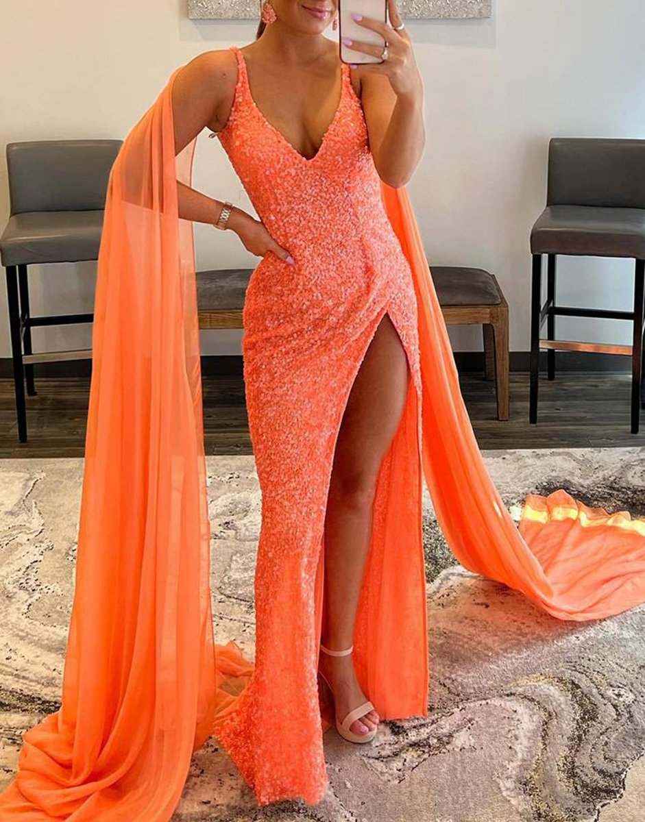 Mermaid V Neck Sequin Prom Dresses with Slit