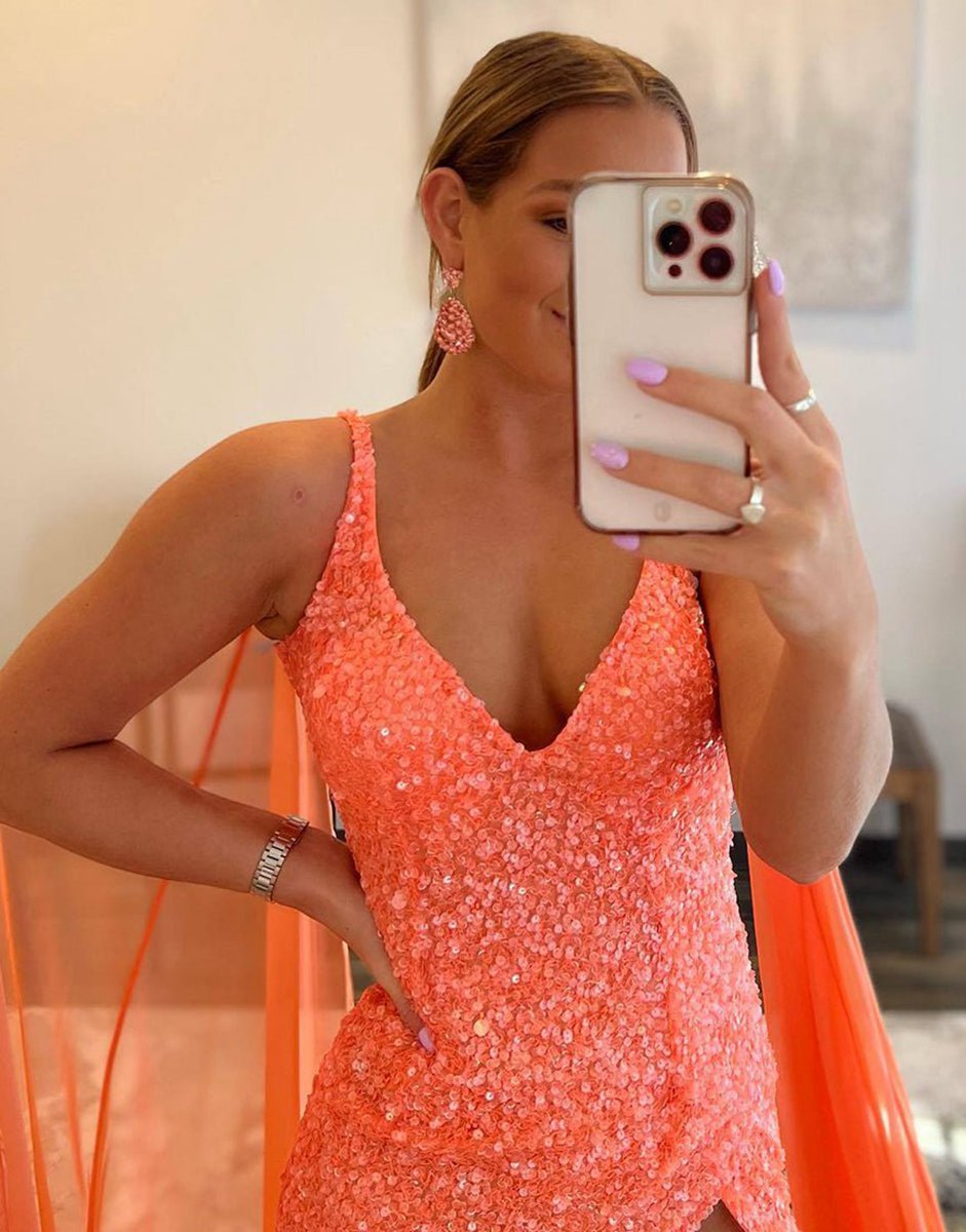 Mermaid V Neck Sequin Prom Dresses with Slit