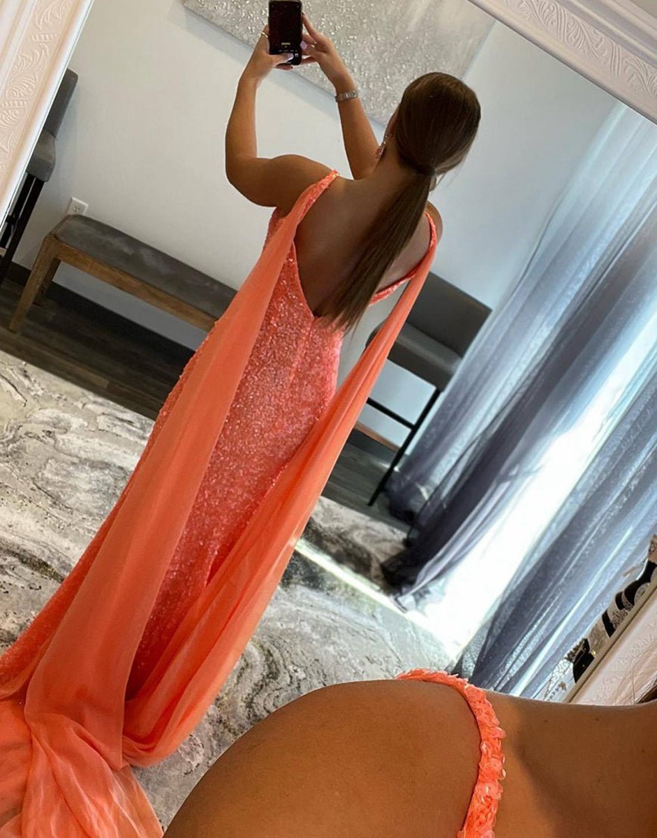 Mermaid V Neck Sequin Prom Dresses with Slit