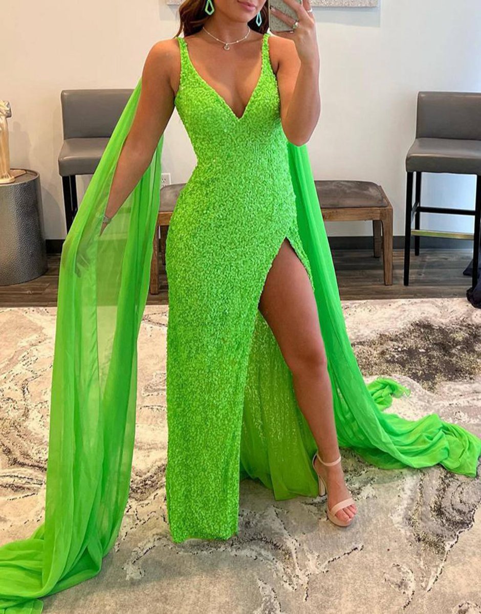 Mermaid V Neck Sequin Prom Dresses with Slit