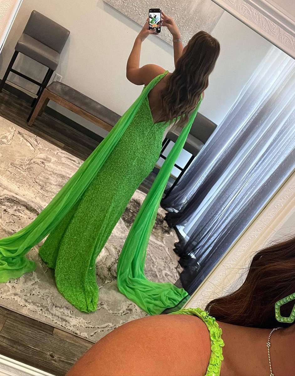 Mermaid V Neck Sequin Prom Dresses with Slit
