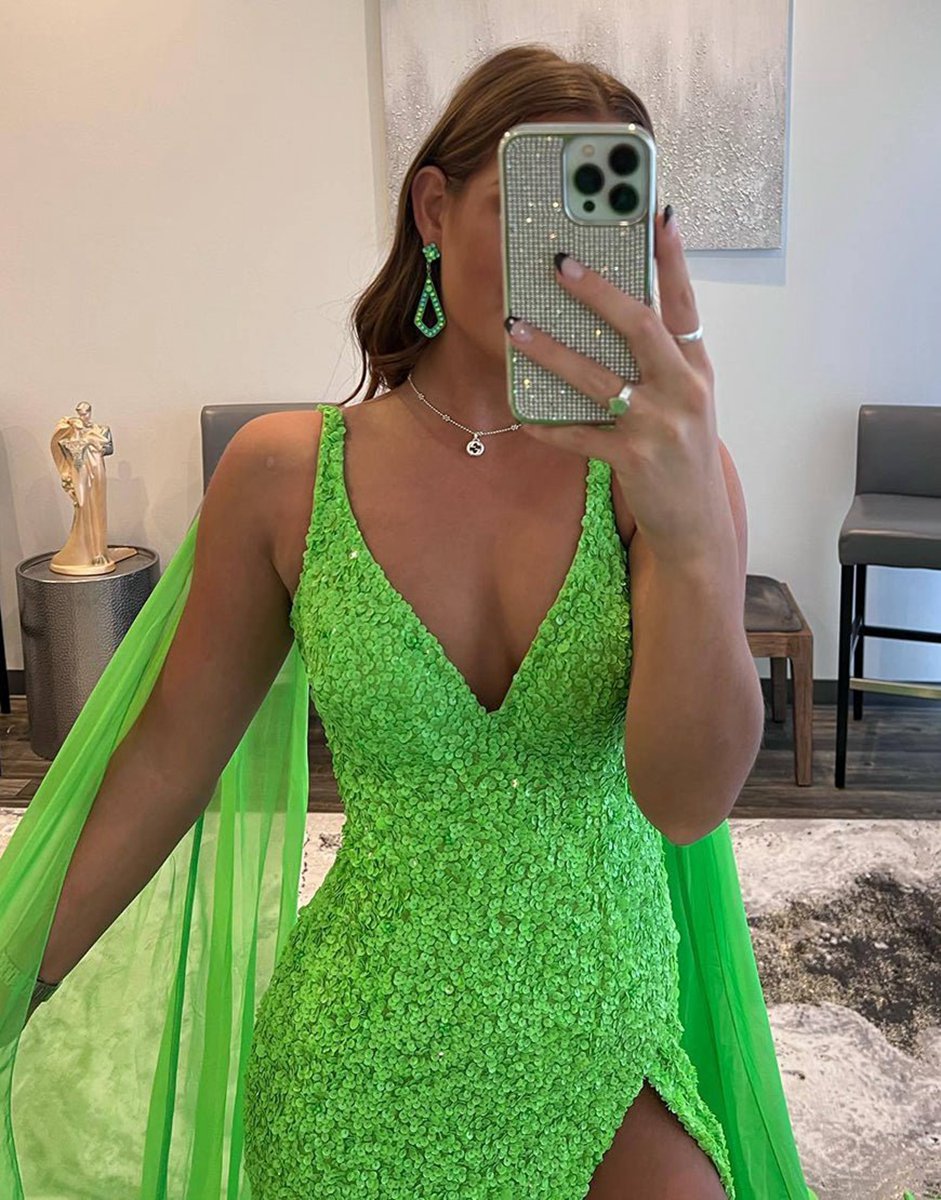 Mermaid V Neck Sequin Prom Dresses with Slit