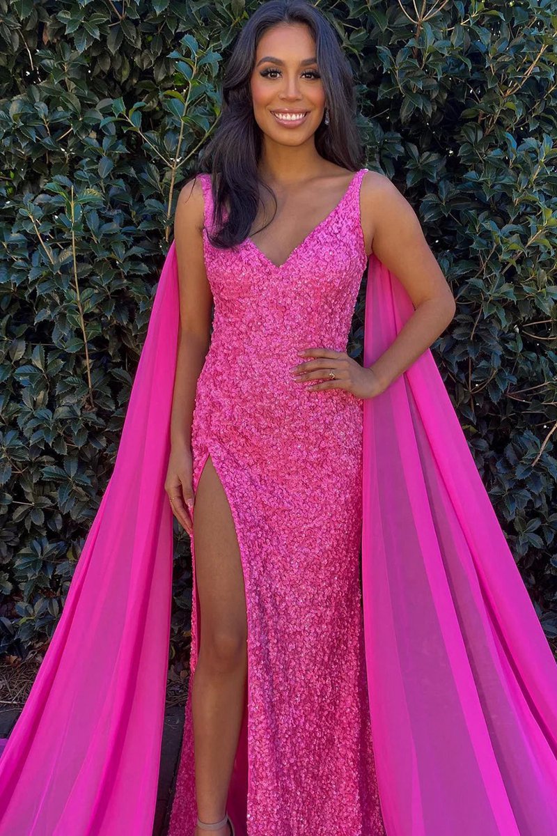 Mermaid V Neck Sequin Prom Dresses with Slit