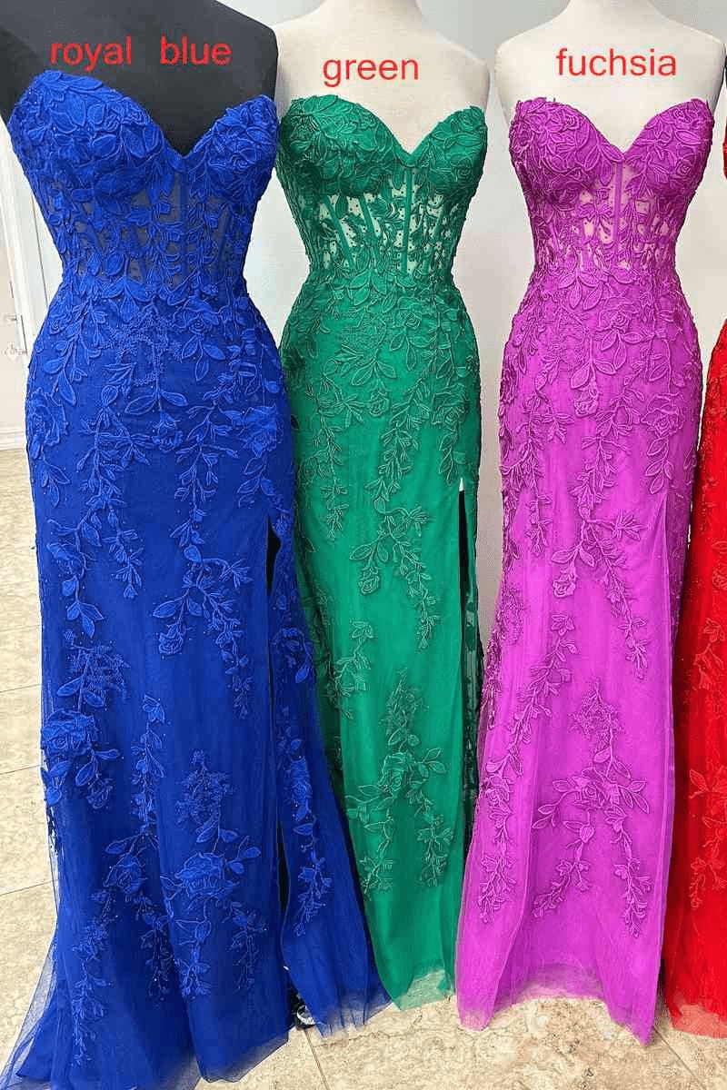 Mermaid Strapless Corset Lace Prom Dresses with Slit