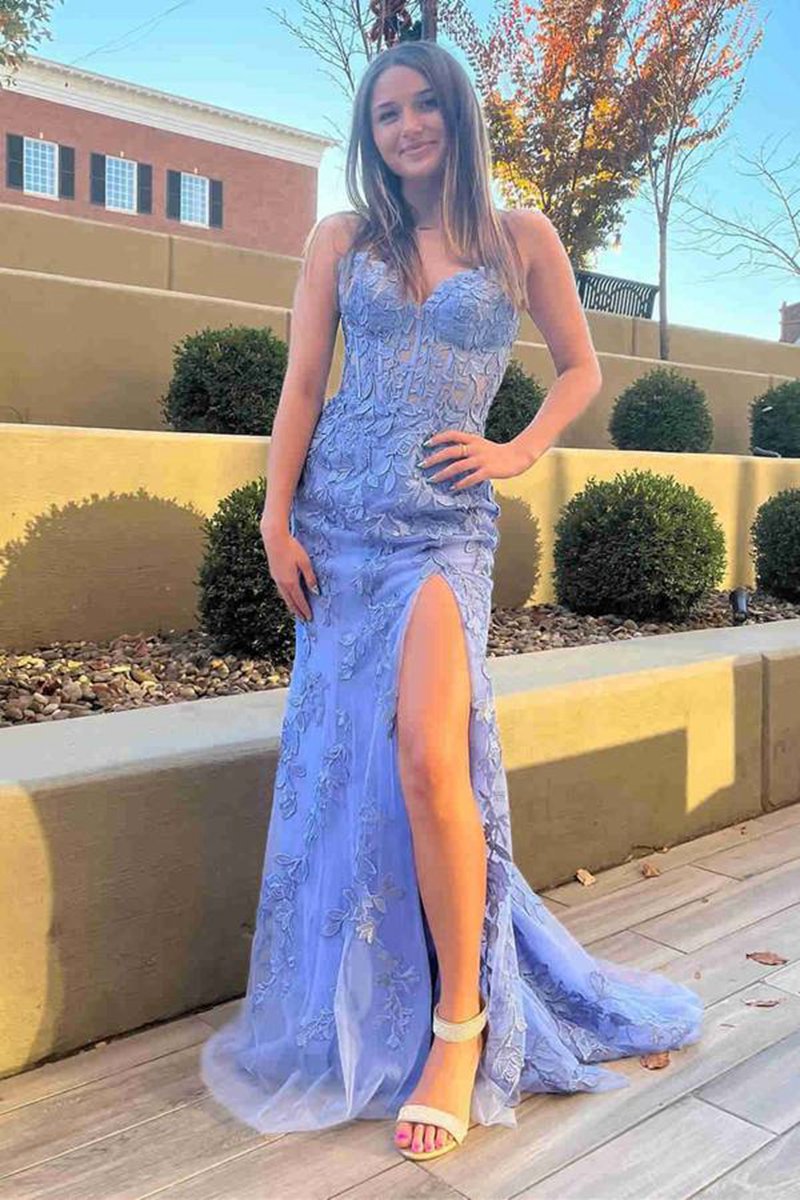 Mermaid Strapless Corset Lace Prom Dresses with Slit