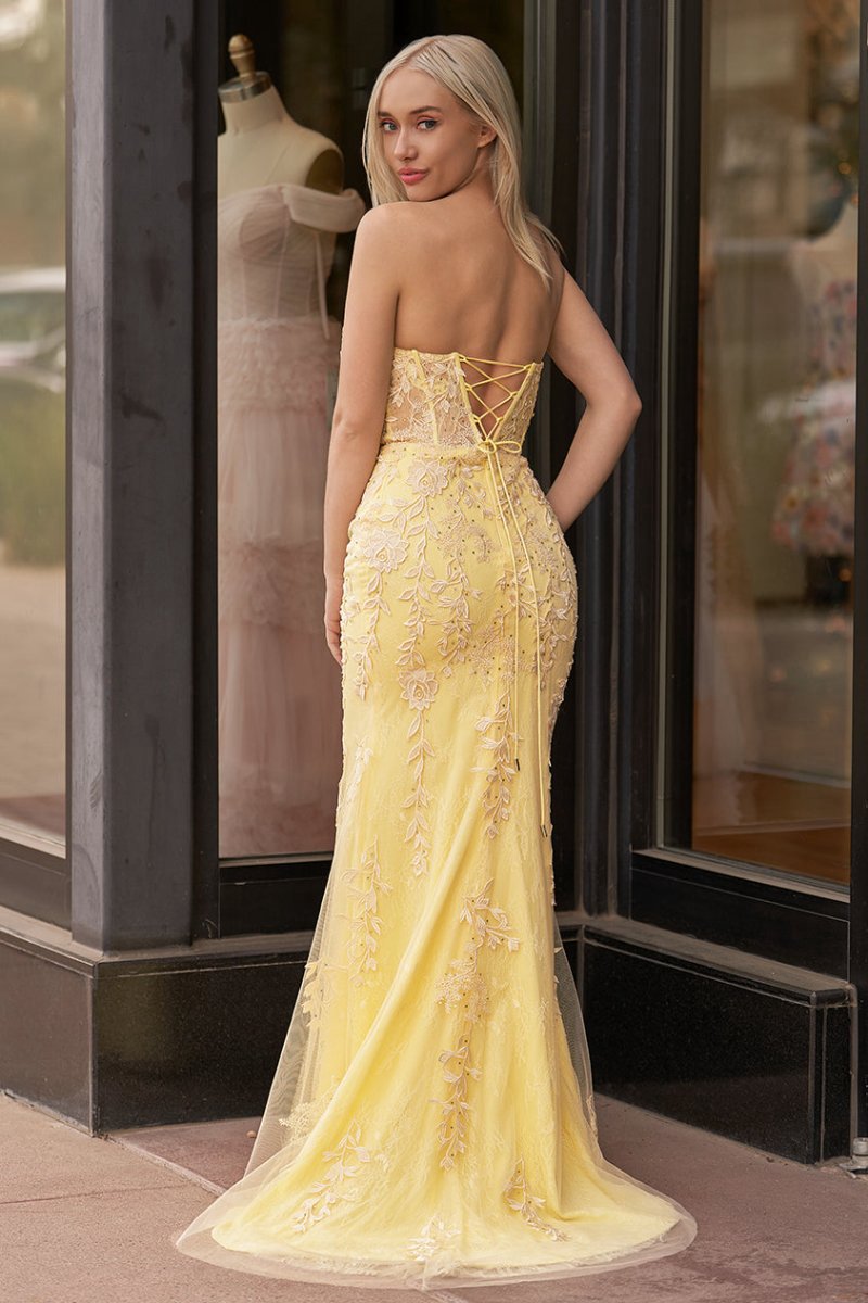 Mermaid Strapless Corset Lace Prom Dresses with Slit