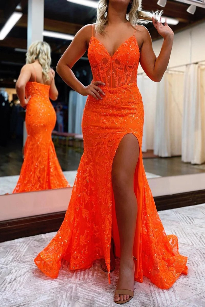 Mermaid Spaghetti Straps Sequined Lace Prom Dresses
